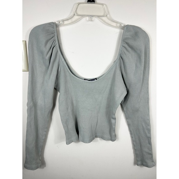 Zara Tops - Y2K ZARA Pleated Puff Sleeve Ribbed Crop Top Womens M Sage Milkmaid Dainty Fairy